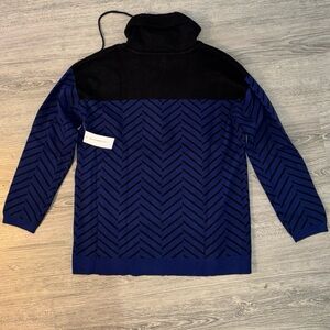 Liz Claiborne Sz. L Dark Blue & Black Chevron Pattern Sweater Draw-tie Neck NWT